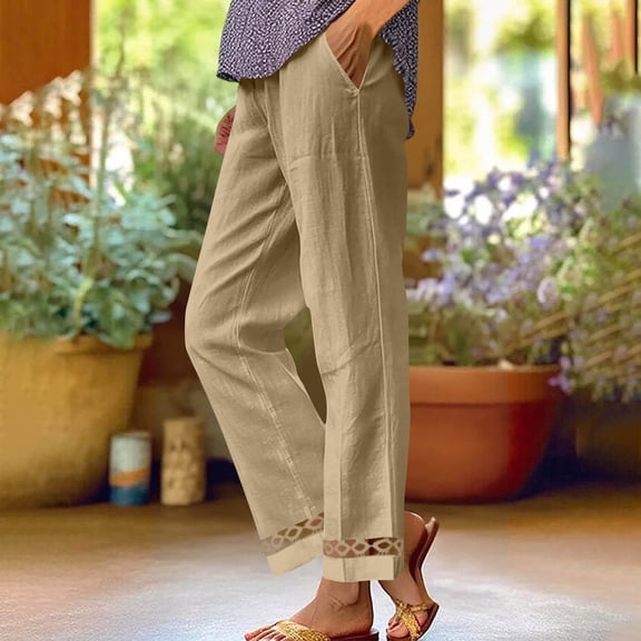 Titcea Linen Pants Women, Elastic Waist Lace Patchwork Flowy Summer Casual Pants with Pockets, Breathable Comfy Hawaiian Vacation Beach Pants
