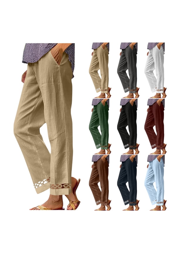 Linen Pants Women, Elastic Waist Lace Patchwork Flowy Summer Casual Pants with Pockets, Breathable Comfy Hawaiian Vacation Beach Pants