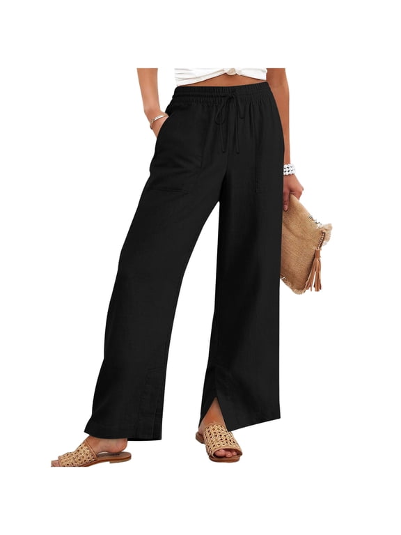 Linen Pants Women Wide Leg Elastic Waist Drawstring Split Flowy Pants Loose Comfy Summer Casual Lightweight Bottoms, S-4XL
