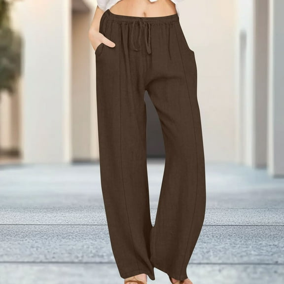Titcea Linen Pants for Women Elastic Drawstring High Waist Flowy Pants Comfy Breathable Fall Outdoor Casual Pants, S-3XL