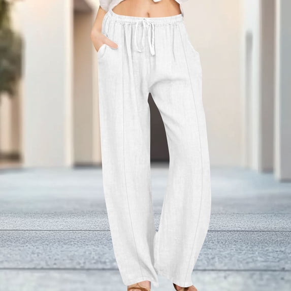 Titcea Linen Pants for Women Elastic Drawstring High Waist Flowy Pants Comfy Breathable Fall Outdoor Casual Pants, S-3XL
