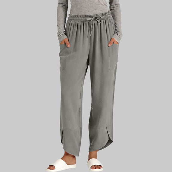 Titcea Linen Pants for Women, Elastic Waist Drawstring Flowy Split Hem Summer Casual Pants, Loose Breathable Hawaiian Vacation Beach Pants