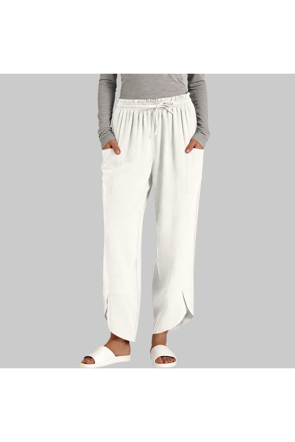 Linen Pants for Women, Elastic Waist Drawstring Flowy Split Hem Summer Casual Pants, Loose Breathable Hawaiian Vacation Beach Pants