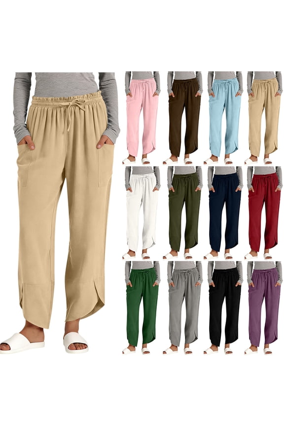 Linen Pants for Women, Elastic Waist Drawstring Flowy Split Hem Summer Casual Pants, Loose Breathable Hawaiian Vacation Beach Pants