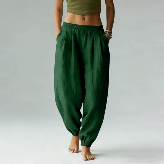 Titcea Linen Pants for Women, Elastic Waist Solid Color Lightweight Cuffed Pants with Pockets, Loose Comfortable Beach Vacation Summer Casual Pants