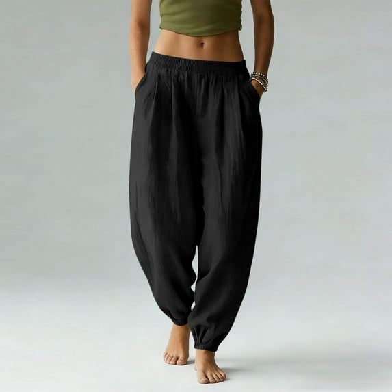 Titcea Linen Pants for Women, Elastic Waist Solid Color Lightweight Cuffed Pants with Pockets, Loose Comfortable Beach Vacation Summer Casual Pants