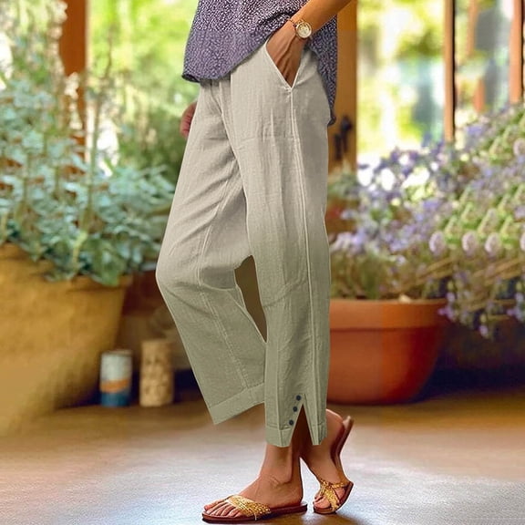 Titcea Linen Pants for Women, Gradient Print Elastic Waist Button Decorations Beach Pants with Pockets, Loose Comfy Summer Casual Pants