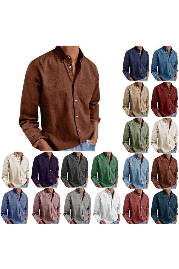 Linen Shirts for Men, Solid Color Long Sleeve Lapel Loose Comfortable Button Down Shirts with Pocket, Hawaiian Beach Vacation Shirts (S-4XL)
