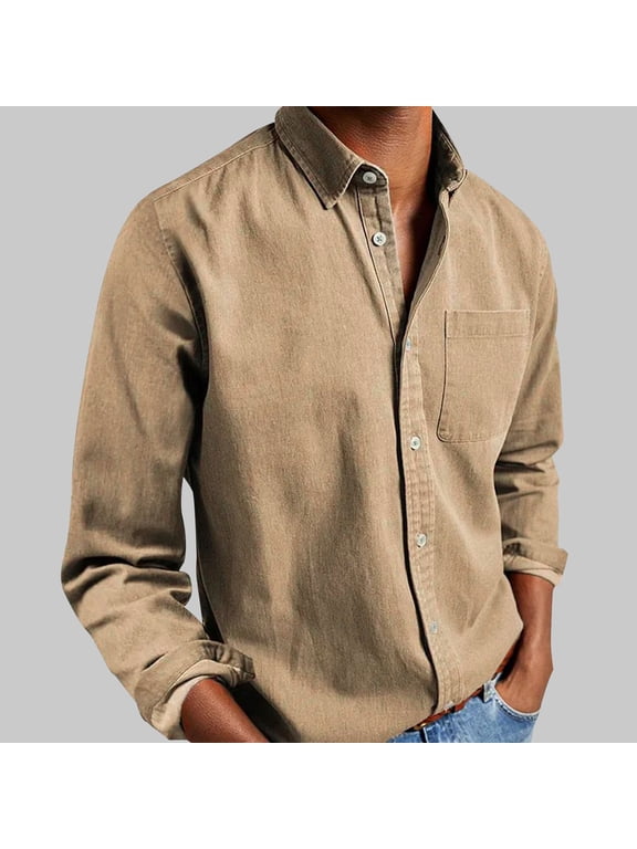 Linen Shirts for Men, Solid Color Long Sleeve Lapel Loose Comfortable Button Down Shirts with Pocket, Hawaiian Beach Vacation Shirts (S-4XL)