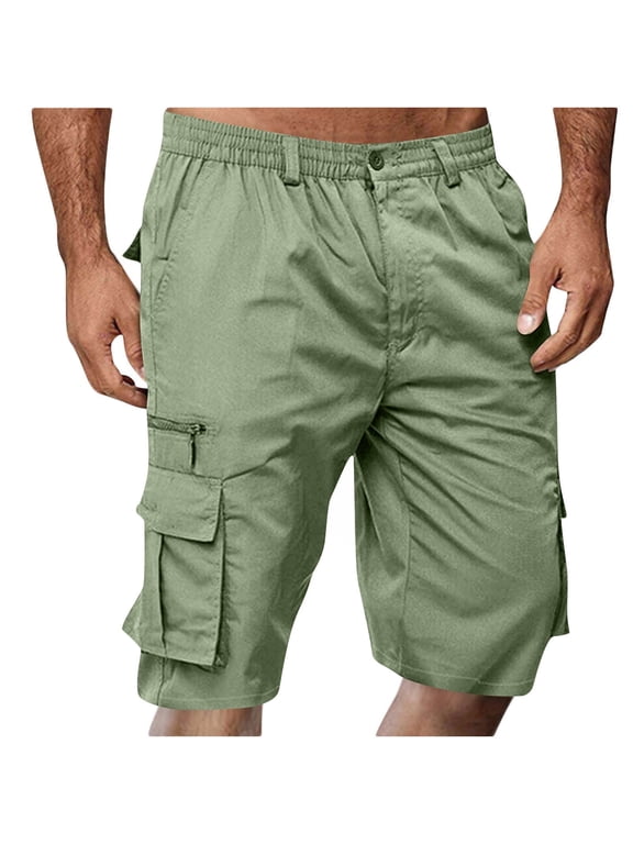 Men's Shorts Elastic Waist Straight Buttons Zipper Solid Color Cargo Shorts Summer Casual Work Shorts with Pockets