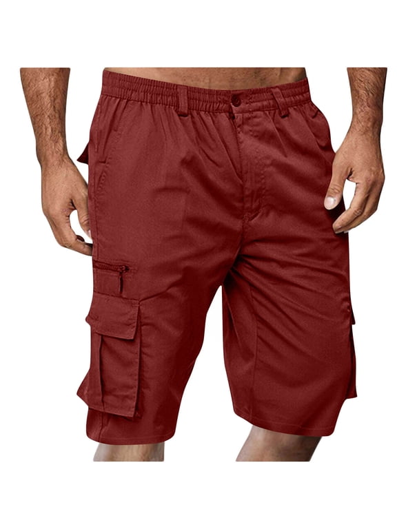 Men's Shorts Elastic Waist Straight Buttons Zipper Solid Color Cargo Shorts Summer Casual Work Shorts with Pockets