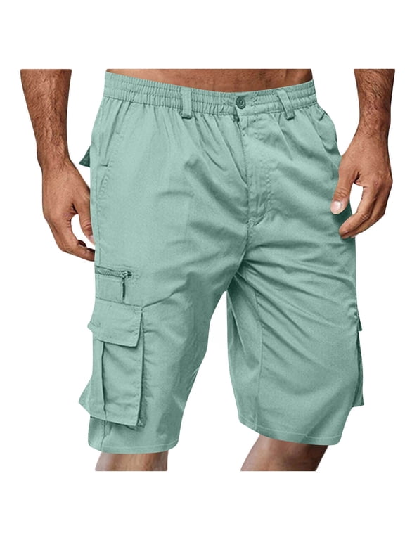 Men's Shorts Elastic Waist Straight Buttons Zipper Solid Color Cargo Shorts Summer Casual Work Shorts with Pockets