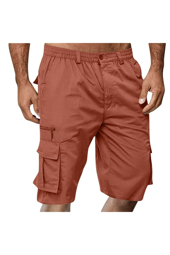 Men's Shorts Elastic Waist Straight Buttons Zipper Solid Color Cargo Shorts Summer Casual Work Shorts with Pockets