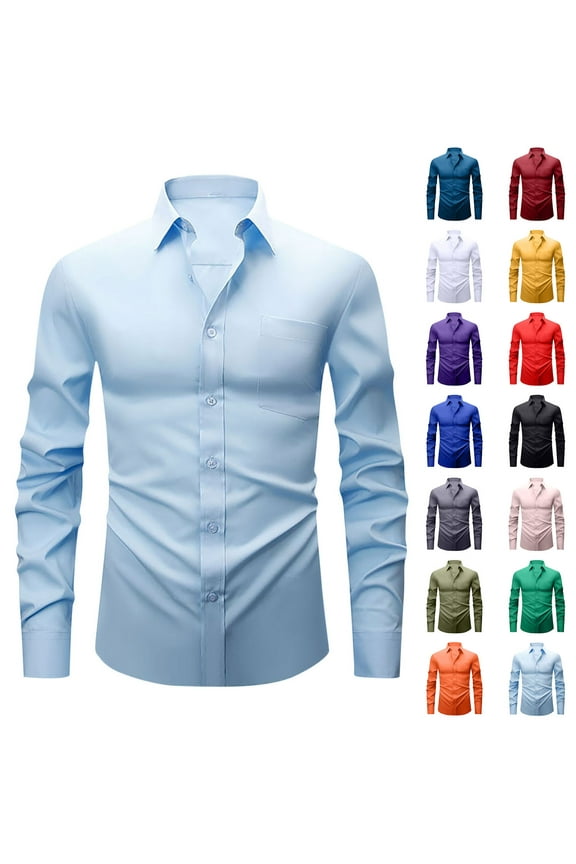 Mens Dress Shirts(S-3XL), Lapel Neck Solid Color Buttons Long Sleeve Shirts with Pocket, Elasticity Breathable Casual Shirt for Office/Wedding/Business
