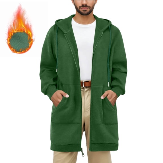 Titcea Mens Fleece Jacket, Winter Warm Lined Drawstring Hooded Zipper Jackets with Big Pockets Long Casual Fleece Coats S-3XL