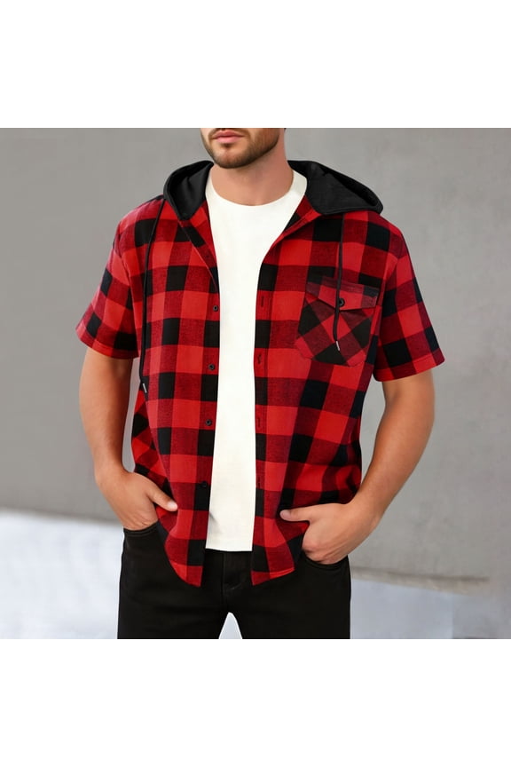 Mens Plaid Button Down Shirt, Short Sleeve Flannel Snap Button Drawstring Hoodie Shirts, Lightweight Soft Summer Vacation Shirts