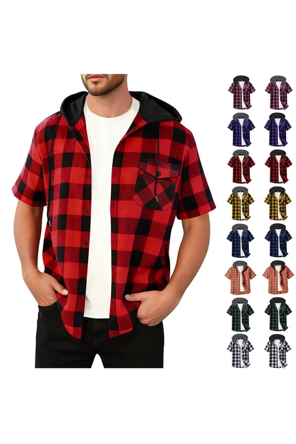 Mens Plaid Button Down Shirt, Short Sleeve Flannel Snap Button Drawstring Hoodie Shirts, Lightweight Soft Summer Vacation Shirts