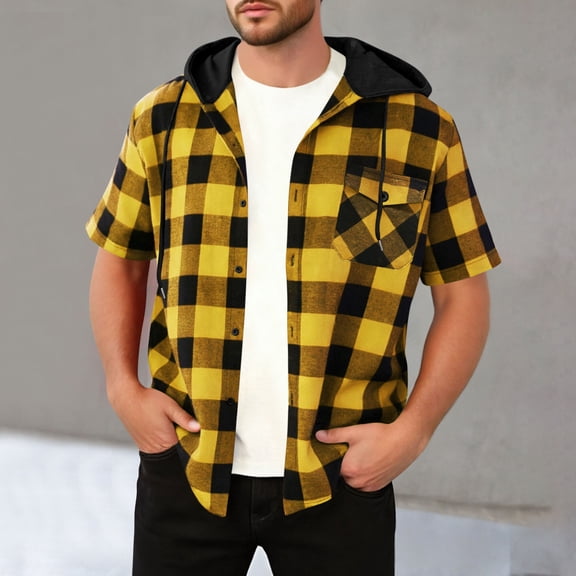 Titcea Mens Plaid Button Down Shirt, Short Sleeve Flannel Snap Button Drawstring Hoodie Shirts, Lightweight Soft Summer Vacation Shirts