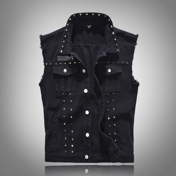 Titcea Mens Punk Denim Vest Sleeveless Jean Jackets With Rivets Black