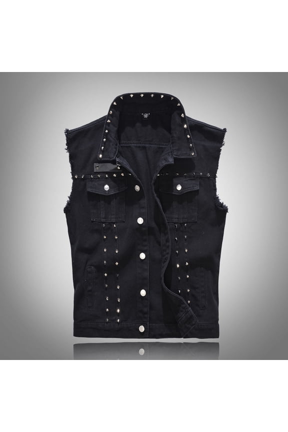 Mens Punk Denim Vest Sleeveless Jean Jackets With Rivets Black