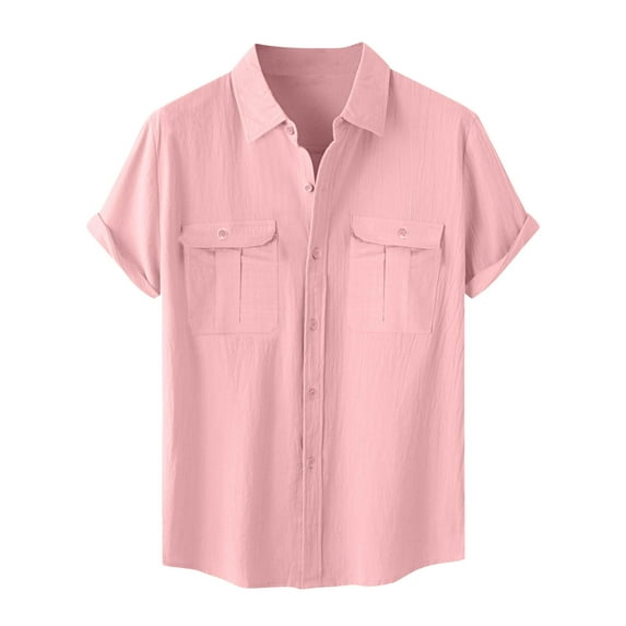 Titcea Mens Shirts Solid Color Lapel Cotton Linen Buttons Short Sleeve Double Pockets Shirt Hawaii Beach Vacation Summer Party Casual T Shirts