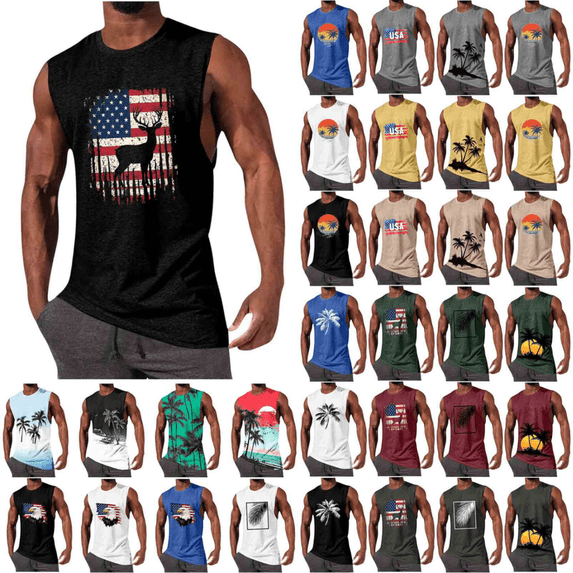 Titcea Mens Tank Tops Crewneck Graphic Sleeveless Summer Beach Holiday Muscle Shirts Breathable Gym T Shirt, S-2XL
