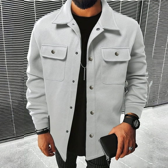 Titcea Mens Winter Coats, Lapel Buttons Multi-pocket Solid Color Wool Coat Winter Warm Cozy Workwear Jackets