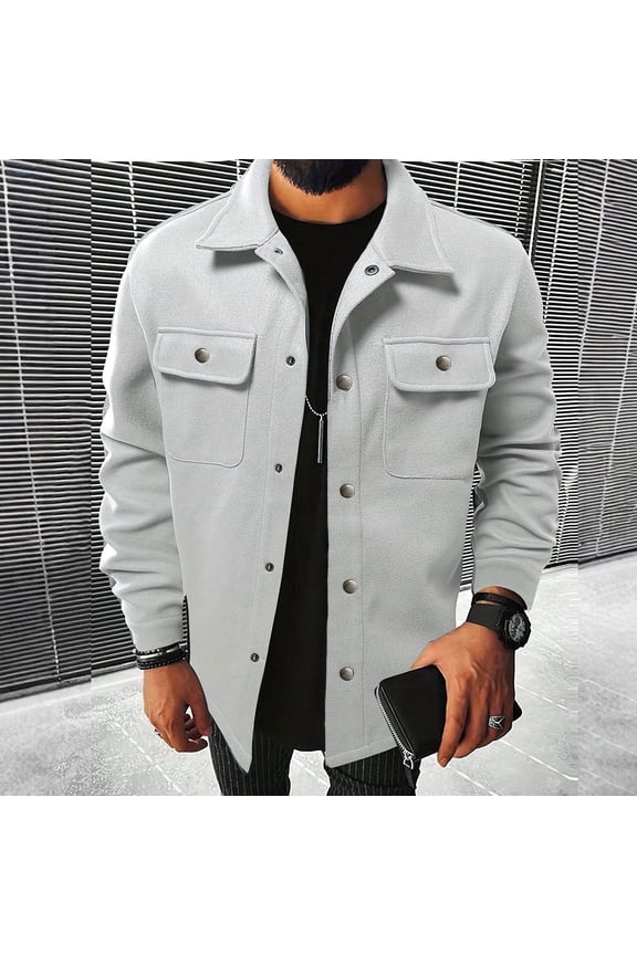 Mens Winter Coats, Lapel Buttons Multi-pocket Solid Color Wool Coat Winter Warm Cozy Workwear Jackets
