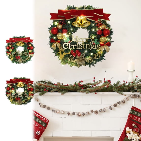 Fllostpr Merry Christmas Sign Wreath, 12 Inch Artificial Xmas Decor Wreath with Bell&Text Card, Winter Decoration for Indoor/Outdoor