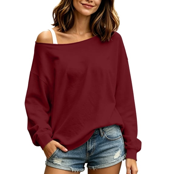 Mutghys Off the Shoulder Sweatshirt for Women Solid Color Long Sleeve Pullover Sweater Home Daily Shopping Loose Comfy Fall Sweatshirts S-3XL