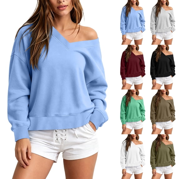 Mutghys Off the Shoulder Sweatshirt for Women V Neck Solid Color Long Sleeve Pullover Sweater Home Daily Shopping Loose Comfy Fall Sweatshirts S-2XL