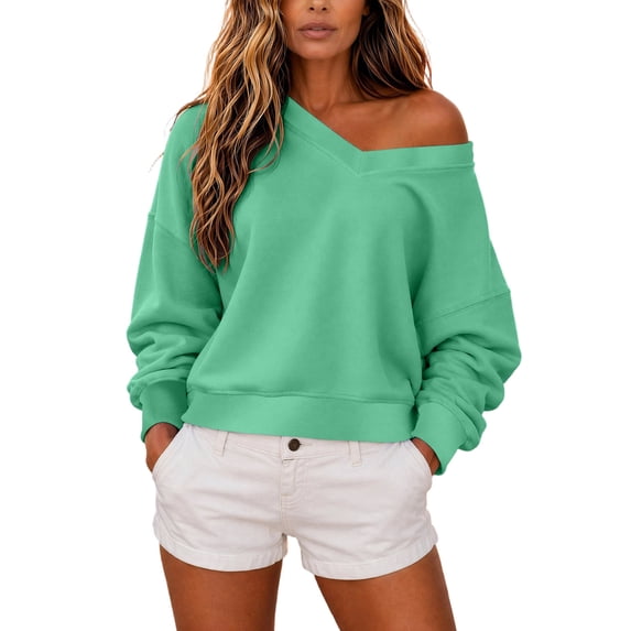 Mutghys Off the Shoulder Sweatshirt for Women V Neck Solid Color Long Sleeve Pullover Sweater Home Daily Shopping Loose Comfy Fall Sweatshirts S-2XL