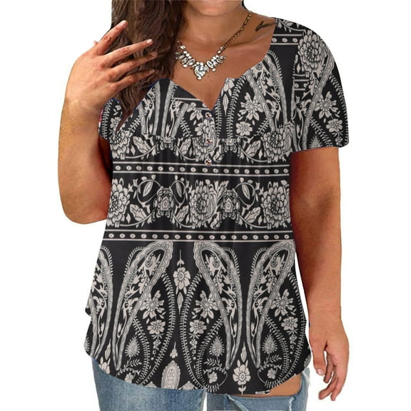 Titcea Plus Size Tops for Women Floral Printed Buttons V Neck Short Sleeve Tees Summer Casual T Shirts