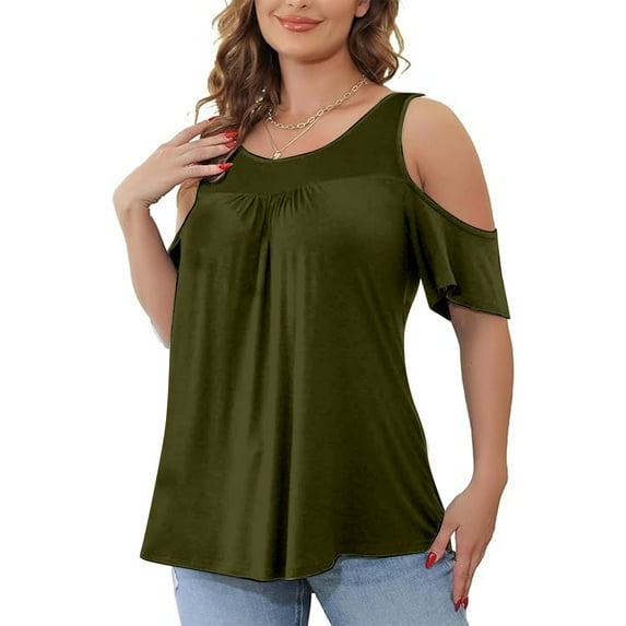 Titcea Plus Size Tops for Women Round Neck Solid Color off The Shoulder Short Sleeve Sexy Shirts Summer Casual Tees