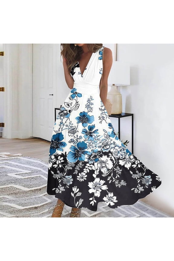 Summer Dresses for Women 2026 Deep V Neck Sleeveless Wrapped Chest Flowy Maxi Dresses Floral Printed Casual Elegant Dresses, Gifts for Mom/Her
