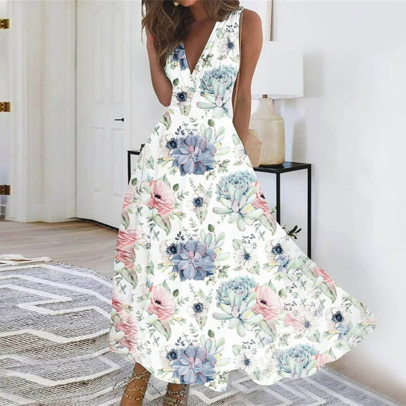 Titcea Summer Dresses for Women 2026 Deep V Neck Sleeveless Wrapped Chest Flowy Maxi Dresses Floral Printed Casual Elegant Dresses, Gifts for Mom/Her