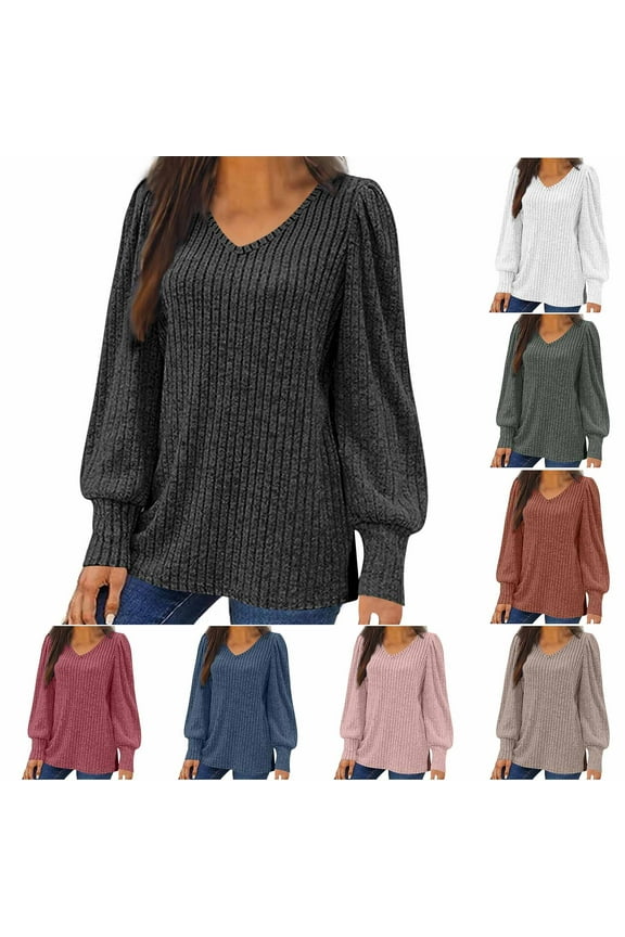 Sweaters for Women, Puff Sleeves Slit Hem Solid Color V-Neck Shirts, Loose Comfortable Casual Tops