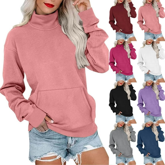 Titcea Sweatshirt for Women, Solid Color Stand Collar Long Sleeve Sweater with Front Pockets, Warm Comfy Casual Tops