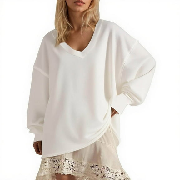 Titcea Sweatshirt for Women, Solid Color V Neck Trendy Sweater, Loose Comfy Casual Tops