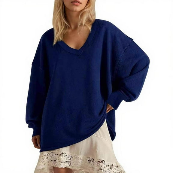 Titcea Sweatshirt for Women, Solid Color V Neck Trendy Sweater, Loose Comfy Casual Tops