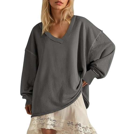 Titcea Sweatshirt for Women, Solid Color V Neck Trendy Sweater, Loose Comfy Casual Tops