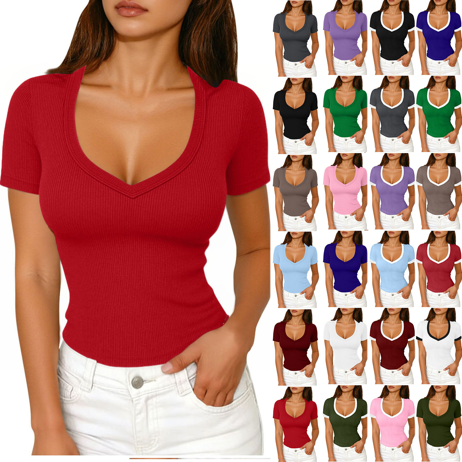Titcea T Shirts for Women V Neck Ribbed Knitted Slim Fitted Short ...