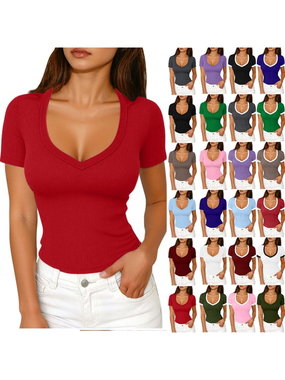 T Shirts for Women V Neck Ribbed Knitted Slim Fitted Short Sleeve Shirts Stretchy Soft Beach Vacation Tops Red