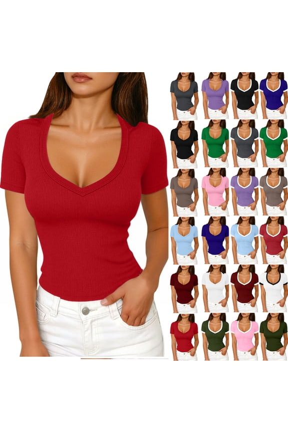 T Shirts for Women V Neck Ribbed Knitted Slim Fitted Short Sleeve Shirts Stretchy Soft Beach Vacation Tops Red