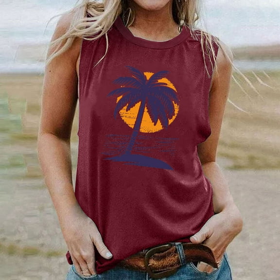Titcea Tank Top for Women Palm Tree Printed Round Neck Sleeveless Graphic Tees Hawaiian Beach Holiday Summer Casual T Shirts