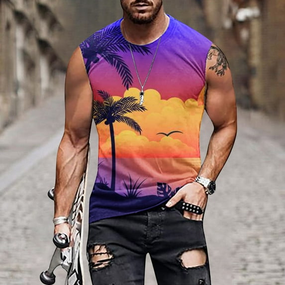 Titcea Tank Tops Men Graphic Printed Round Neck Sleeveless Shirt Summer Beach Vacation Outdoor Sports Gym Fashion T-Shirts