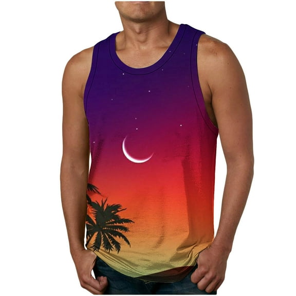 Titcea Tank Tops Men Palm Tree Printed Crew Neck Sleeveless T-Shirts Hawaii Beach Vacation Summer Outdoor Running Workout Tees
