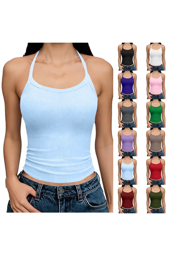 Tank Tops for Women, Ribbed Halter Open Back Sleeveless Shirts, Fashion Slim Outdoor Cropped Tank Tops, S-2XL