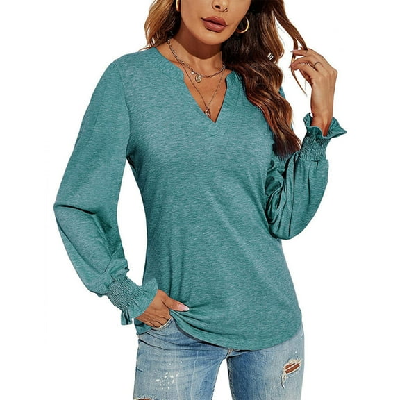 Titcea Tops for Women Trendy Solid Color V Neck Long Sleeve Blouses Loose Comfort Casual Shirts