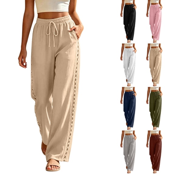 Hvogkswy Wide Leg Pants Woman Elastic High Waist Drawstring Trousers Side Hollow Cutout Loose Comfy Beach Vacation Long Pants with Pockets
